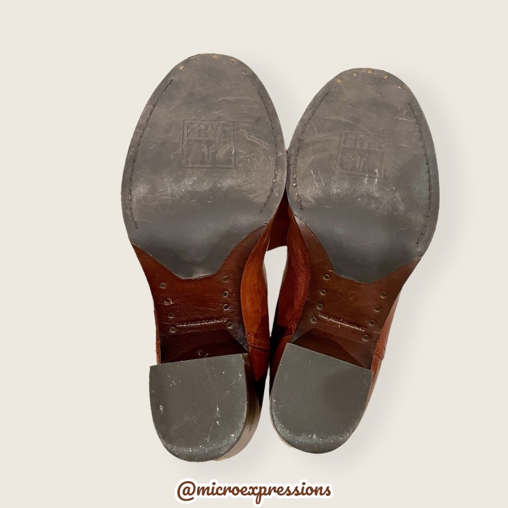 Frye Lucinda Scrunch Real Cognac Brown Leather Stretchy Heeled Short Ankle Boot - Picture 10 of 15